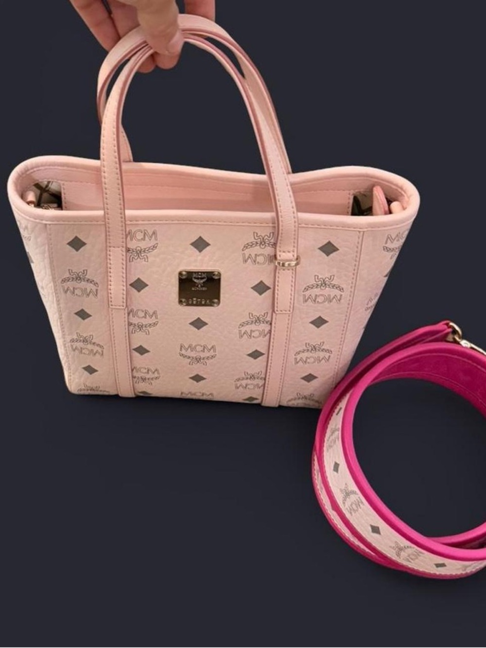 MCM Pink Monogram Leather Tote with Detachable Hot Pink Strap